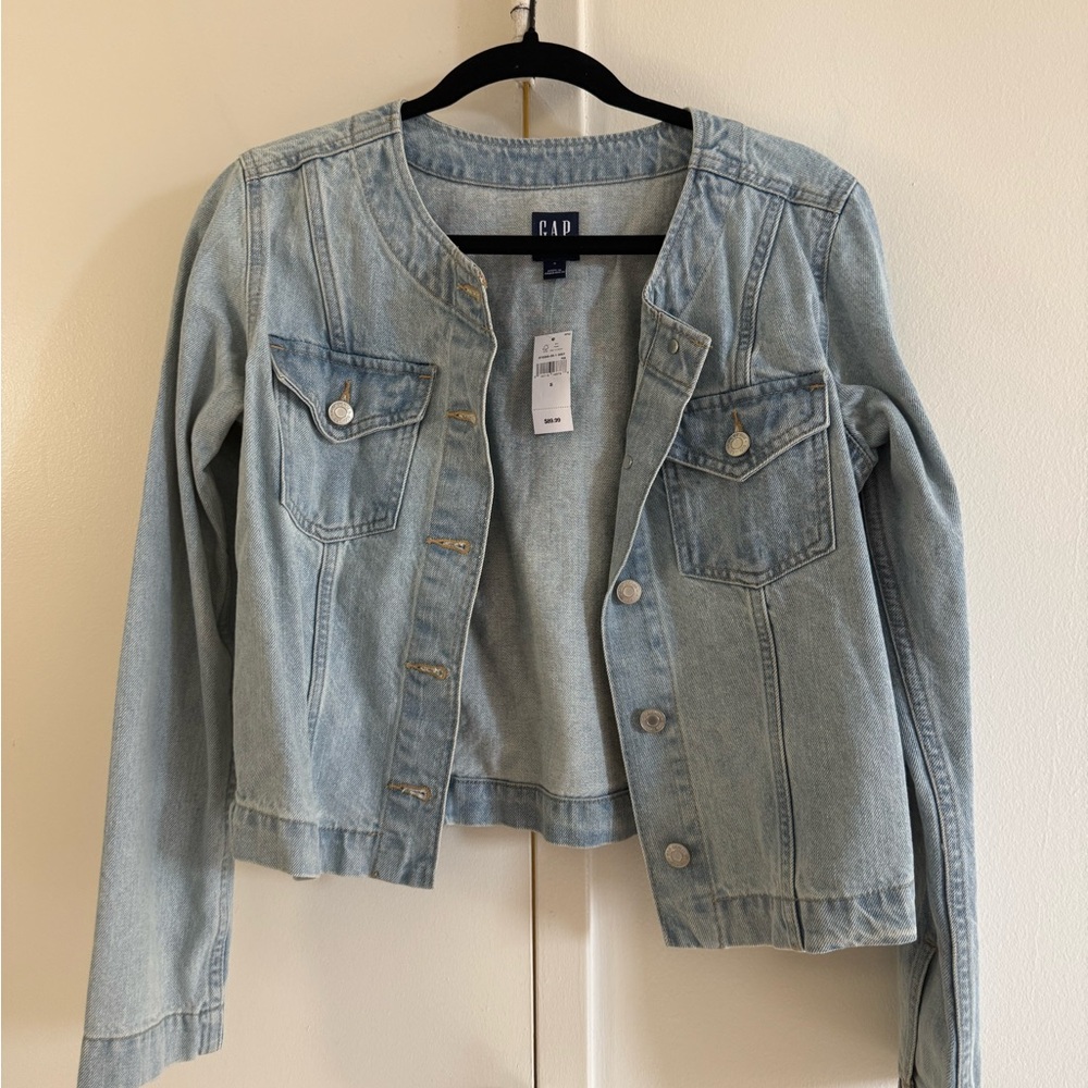 GAP Women's Collarless Light Wash Denim Jacket - Pale Blue